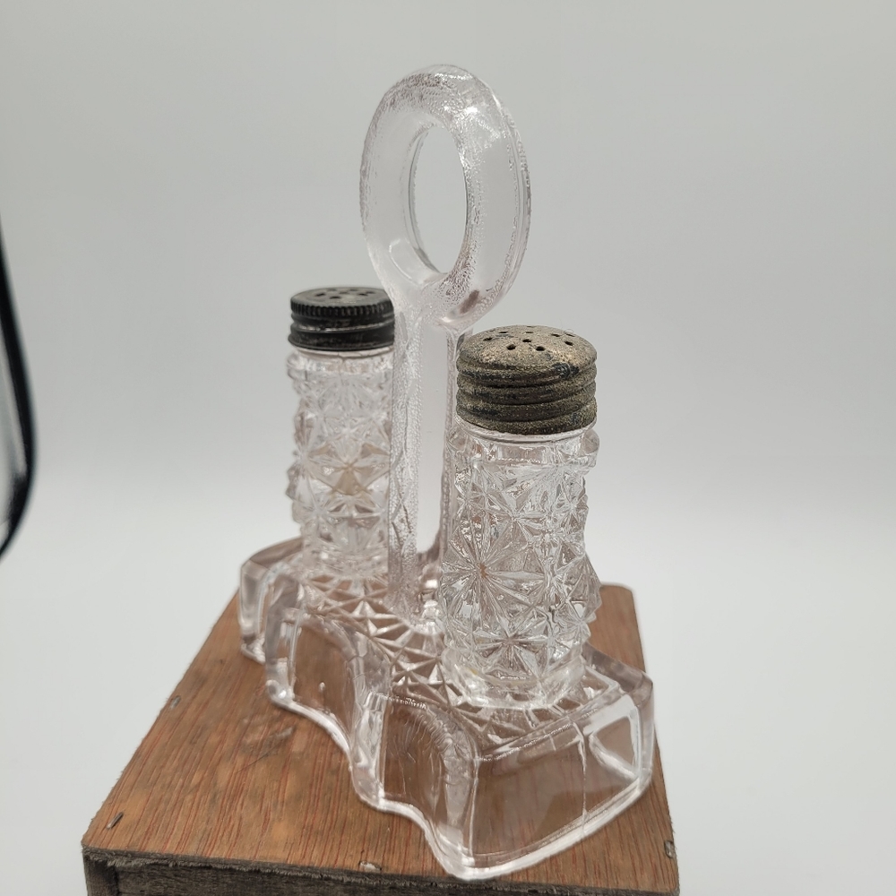 ANTIQUE CUT GLASS SALT AND PEPPER SHAKERS WITH GLASS STAND  HOLDER‎